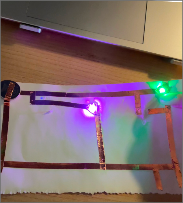 A circuit lit with dual-colored LEDs.