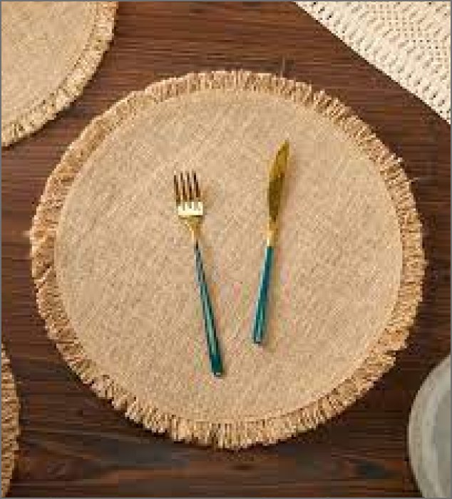 A place mat with a knife and fork arrangement.
