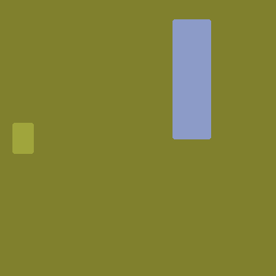 The image displays a yellow-green horizontal bar and a blue-grey vertical bar animating independently against an olive green canvas, replacing both ellipse() calls with rect() shapes and mapping mouseX and mouseY separately to each dimension using the map() and constrain() functions from Tutorial 2 sketch5.js.