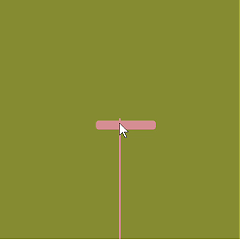T2 sketch5.js – background olive green; ellipses replaced by a pink rounded horizontal bar with a vertical pink line descending from its center.