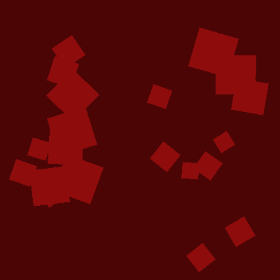 The image displays scattered red diamond shapes rotating slowly across a deep wine-red canvas with a lingering motion trail, applying push() and rotate() with QUARTER_PI to transform rect() into diamonds and using a low-opacity background() from Tutorial 2 sketch6.js to accumulate residual blur.