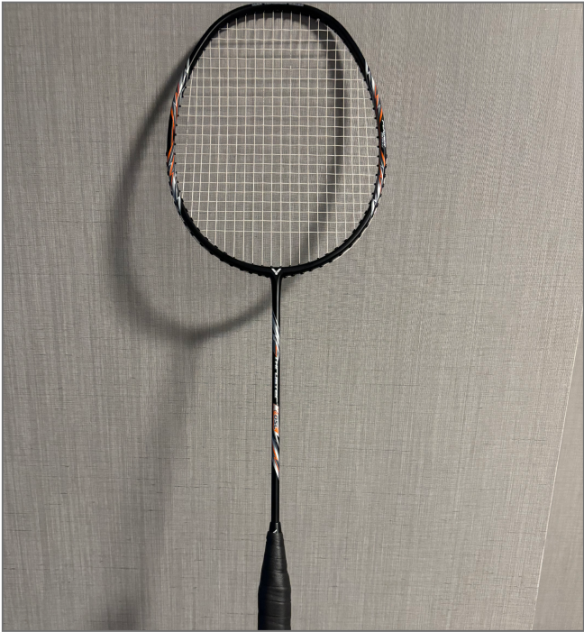 Front view of my black badminton racket.