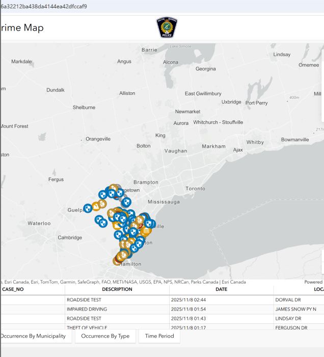 The image displays the map interface of drug overdose data in Ontario from the crimemap website, presenting the distribution of data.