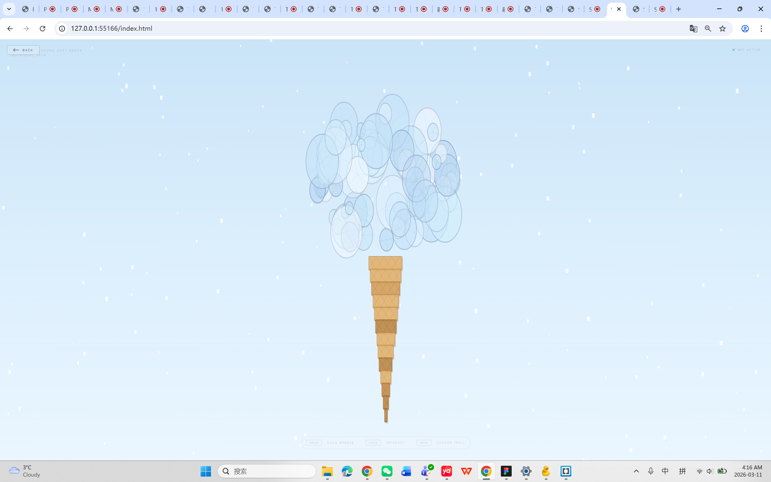 Freeze mode — silent state: ice cream scoop desaturates to gray against the cold blue background, with snow particles drifting across the canvas.