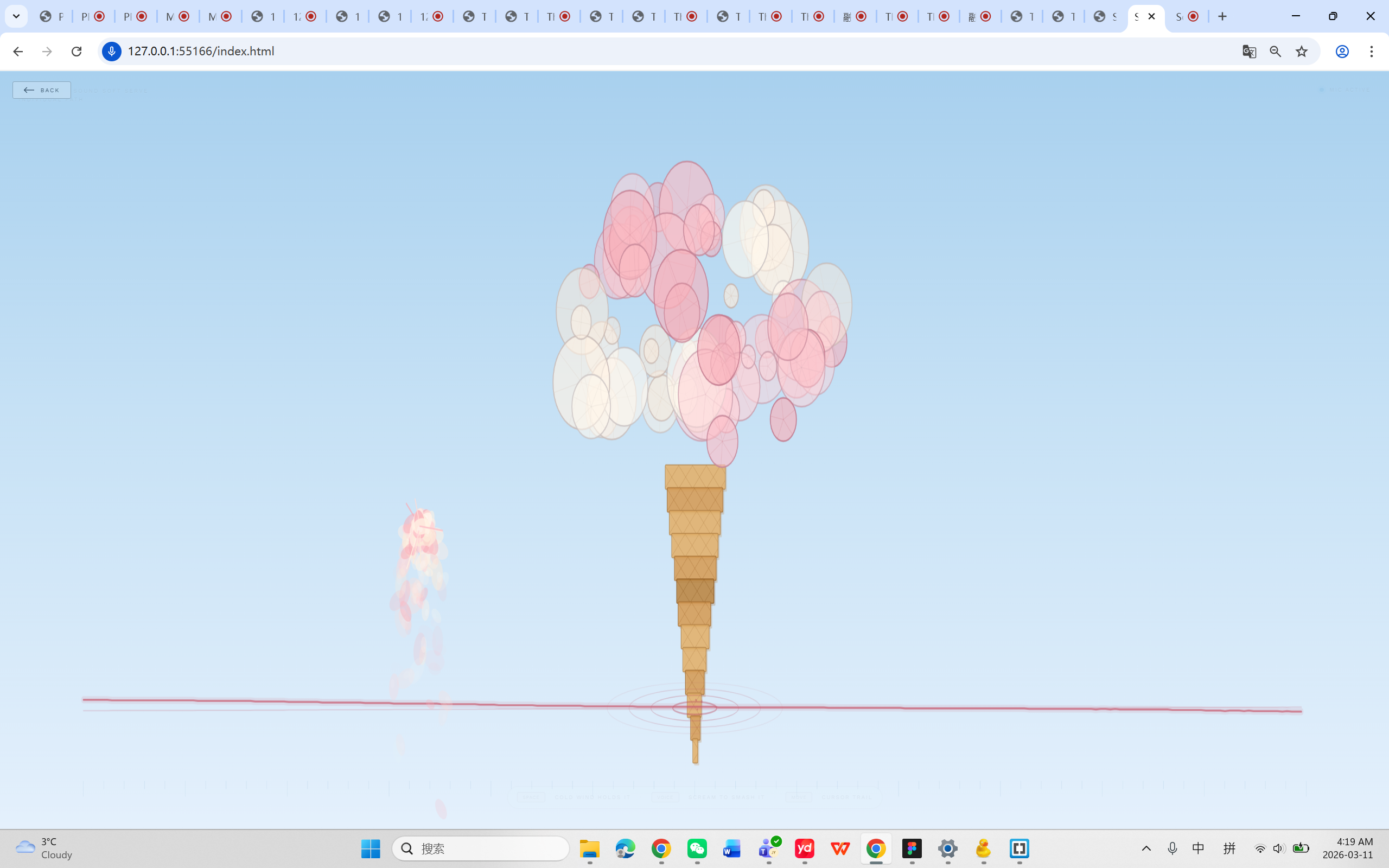 Smash mode — active: voice explodes the strawberry-vanilla scoop outward in a radial burst; cursor drip trail visible at left.