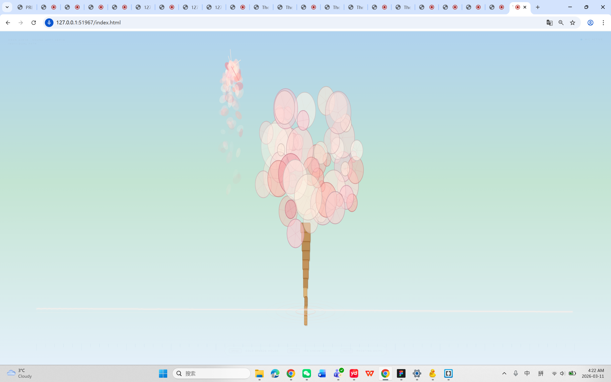 Smash mode — mid-burst: scoops displaced radially outward; cursor spike particles trail to the upper left of the cone.