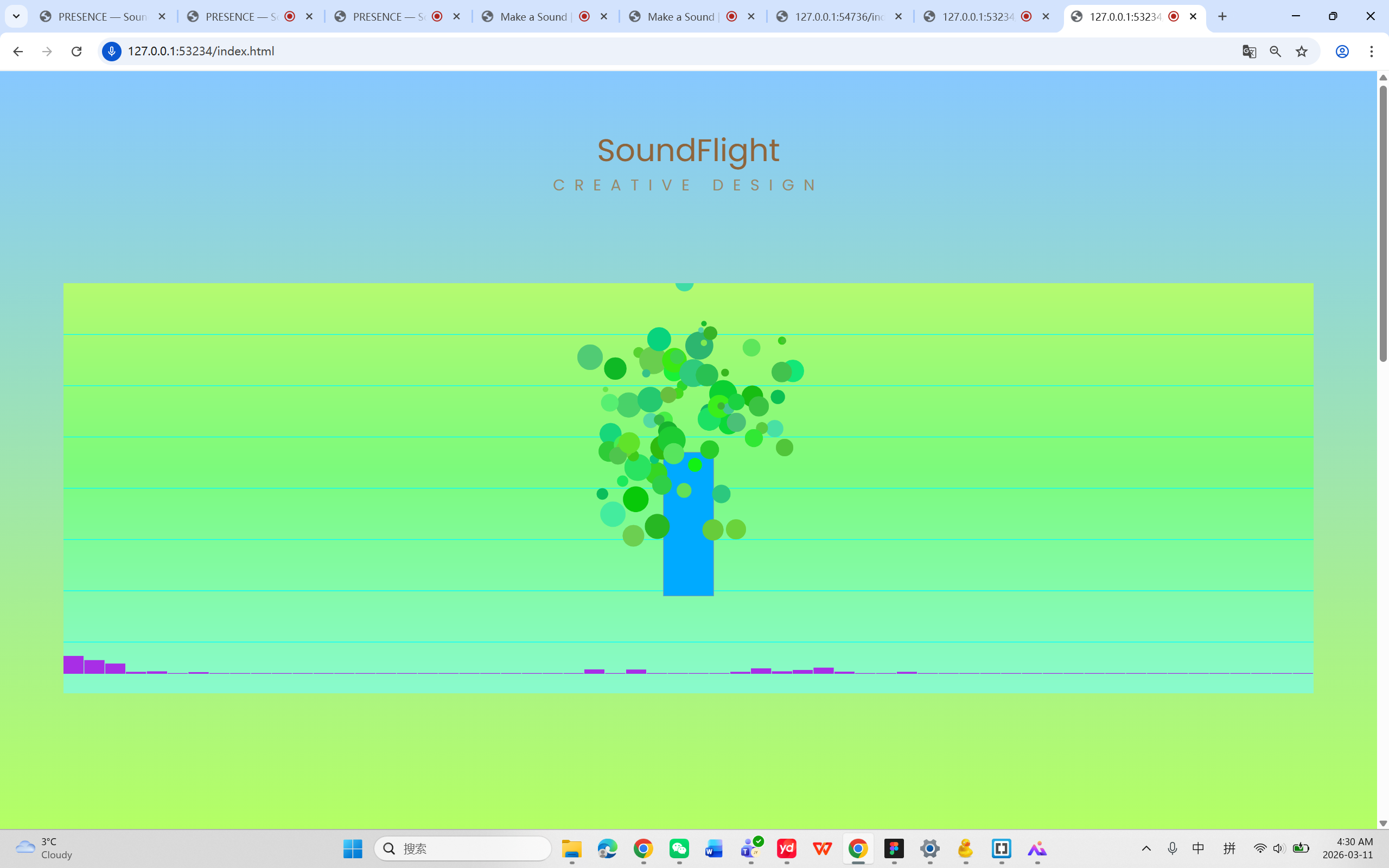 Week 5 prototype — SoundFlight template: first getLevel() implementation with green leaves and blue trunk, the earliest working sound-reactive sketch.